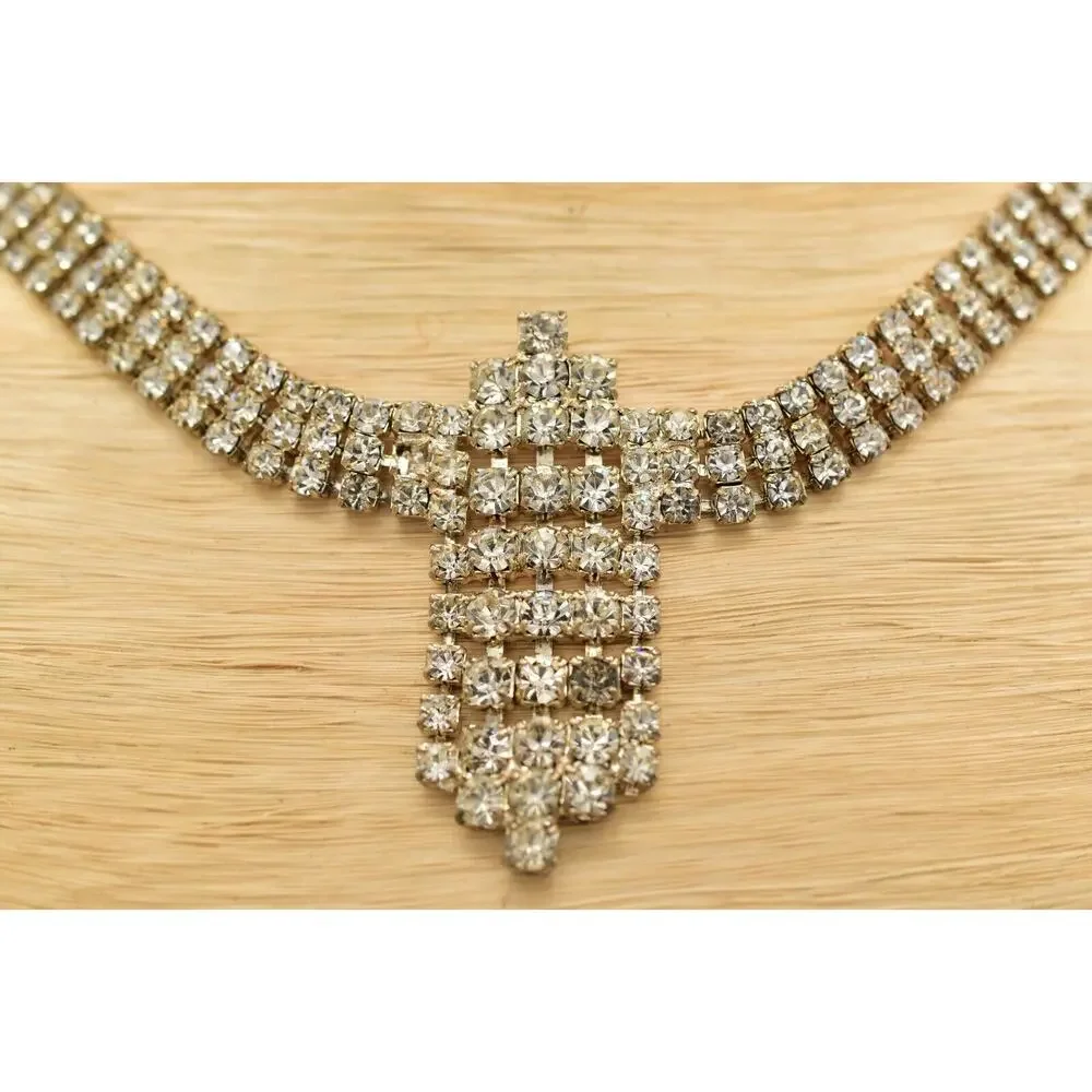 Vintage Crystal Collar Choker Necklace Rhinestone Silver Chunky Glam 1980s BinBJ